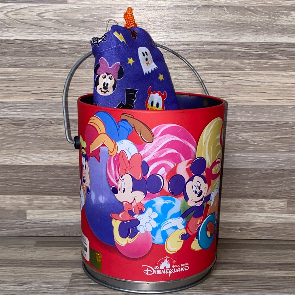 Disney Hong Kong tin bucket Red and Yellow Bucket with trick or treat bag